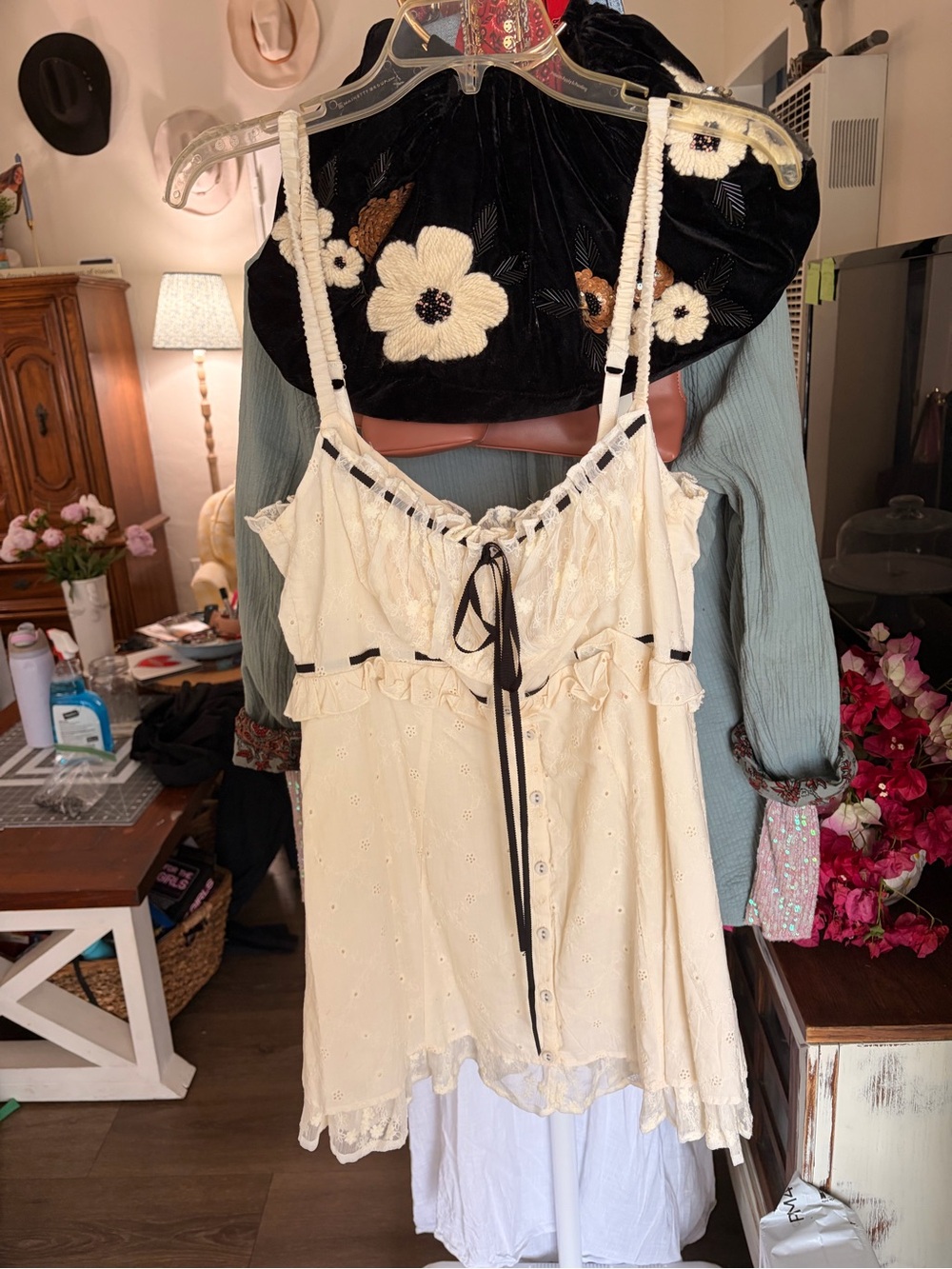 For Love And Lemons White Eyelet Lace Mini Dress with Black Trim - Picture 4 of 4